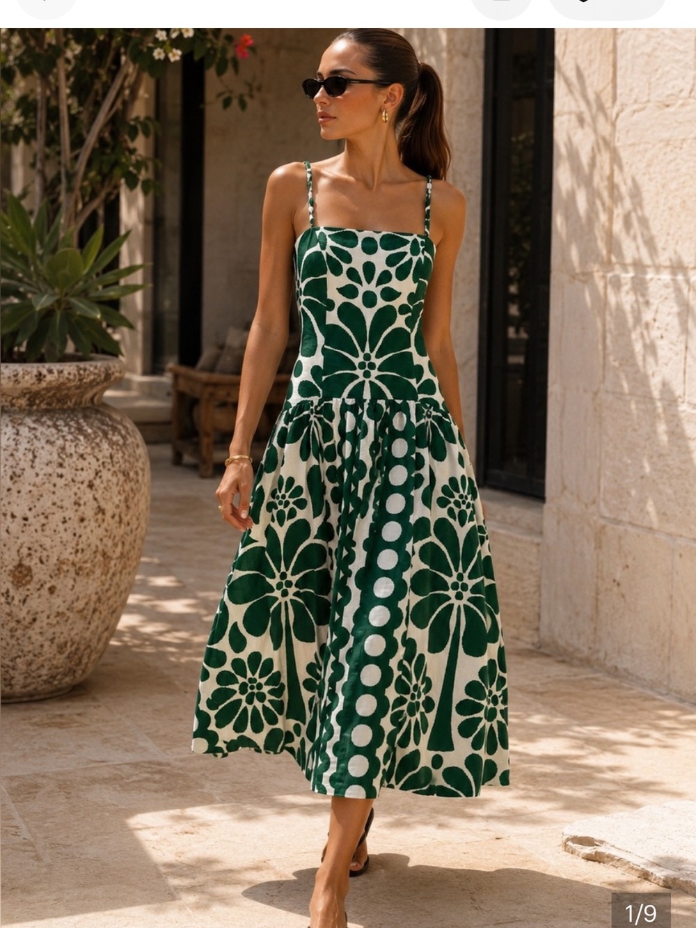 Caroline Constas green white floral linen Anthropologie midi dress size XS